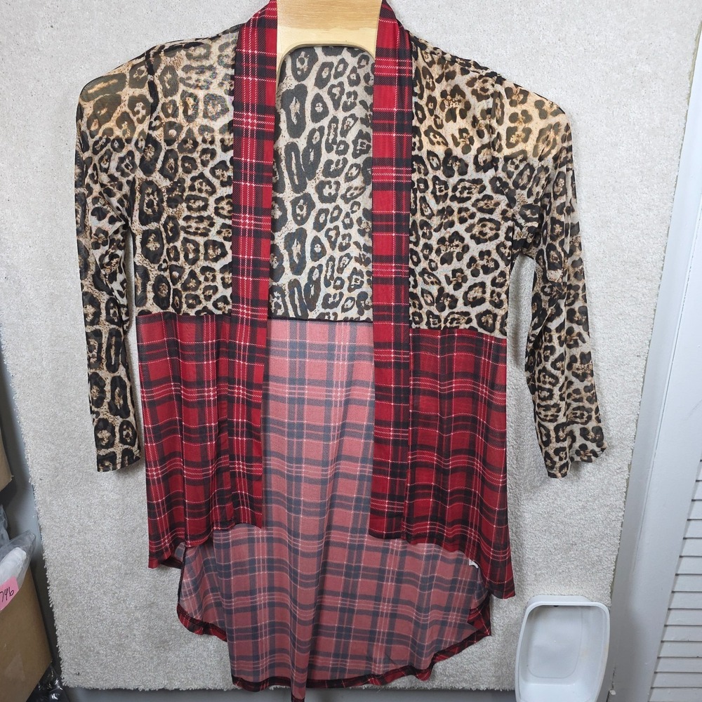 Crazy Train Kimono Duster Top Womens M‎ Red Beige Leopard Print Plaid Open Front